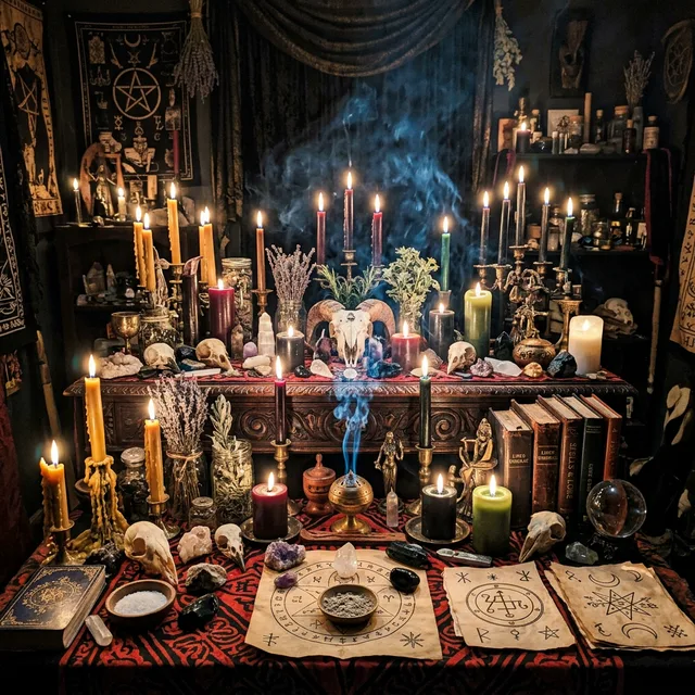 Santuario ritual con velas y elementos sagrados